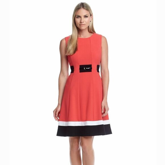 New! CALVIN KLEIN Women's Striped Hem Belted Flare Dress SZ 10 Color Watermelon - Picture 1 of 6